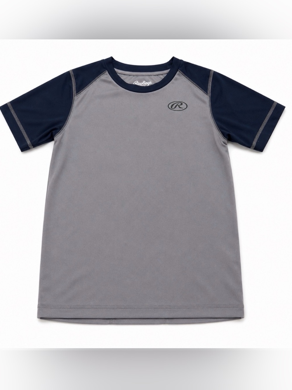 Rawlings Youth Small Baseball Performance Shirt Gray Navy Athletic Short Sleeve
